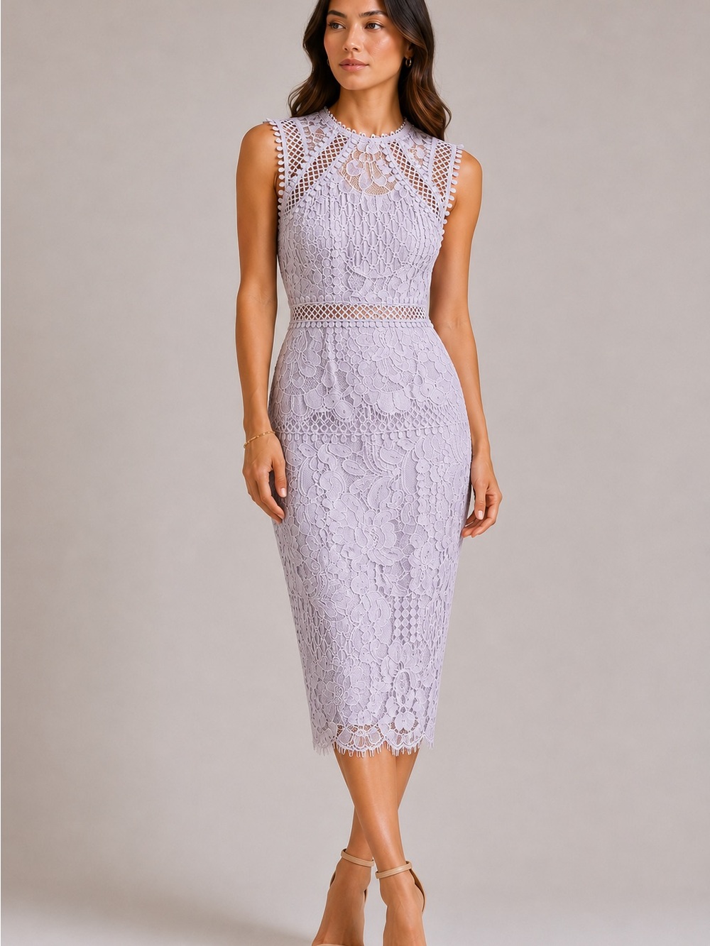Dex Sleeveless Lace Midi Dress in Lavender